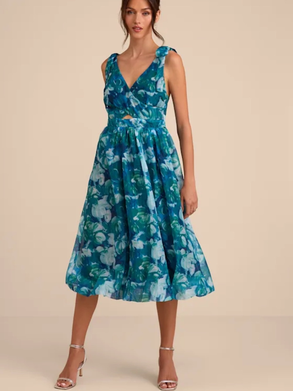 Lulu's Teal & Blue Floral Tie-Shoulder Midi Dress
